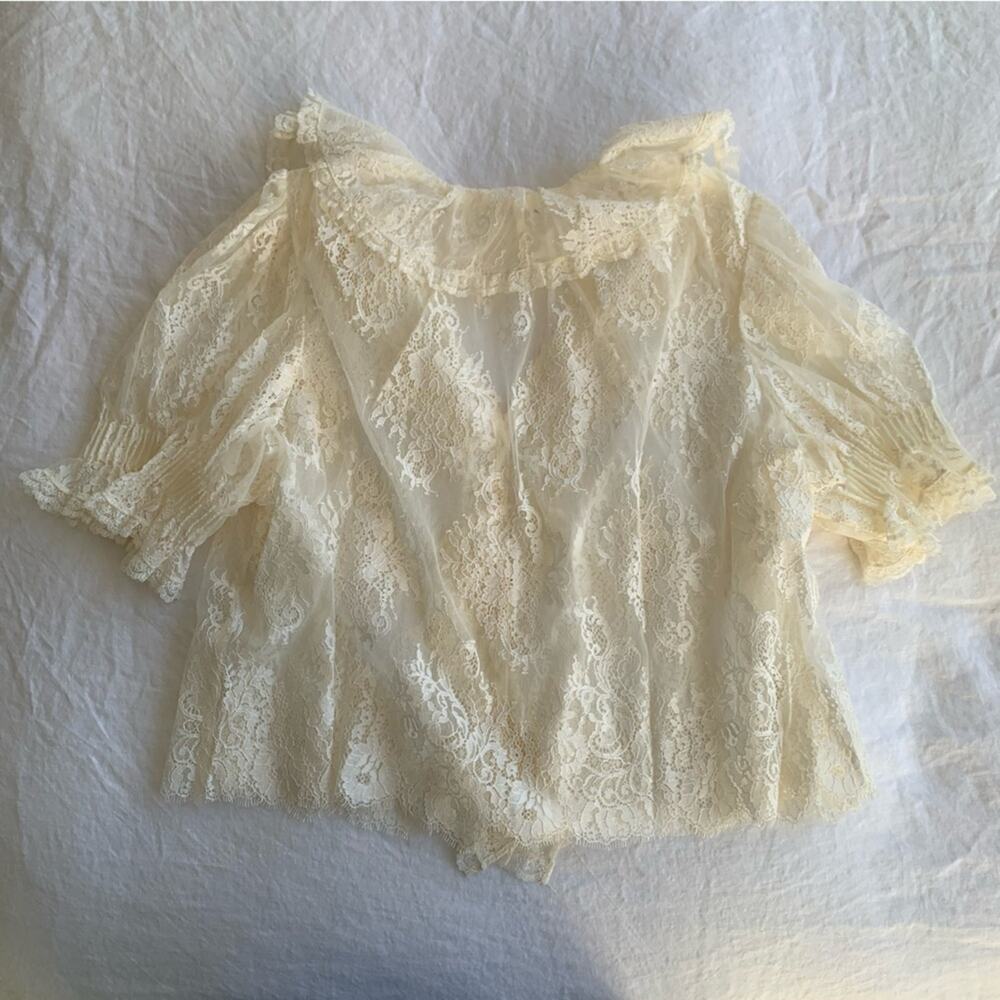 Doen Henri Lace Ruffle Sheer Puff Shoulder Blouse Top Sea Salt Cream Ivory - Picture 13 of 14